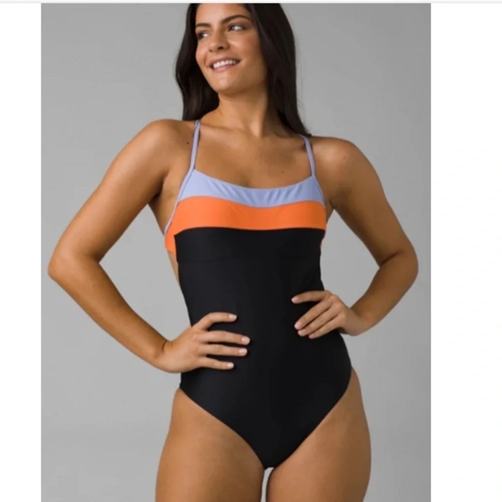 Prana Women's Lurisa One Piece Swimsuit Tie Back Color Block M Beach Vacation
